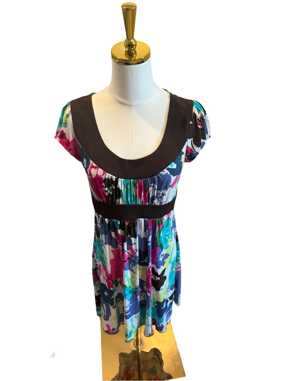 Y2K IZ Byer Brown Trim Multicolor Floral Scoop-Neck Women's dress